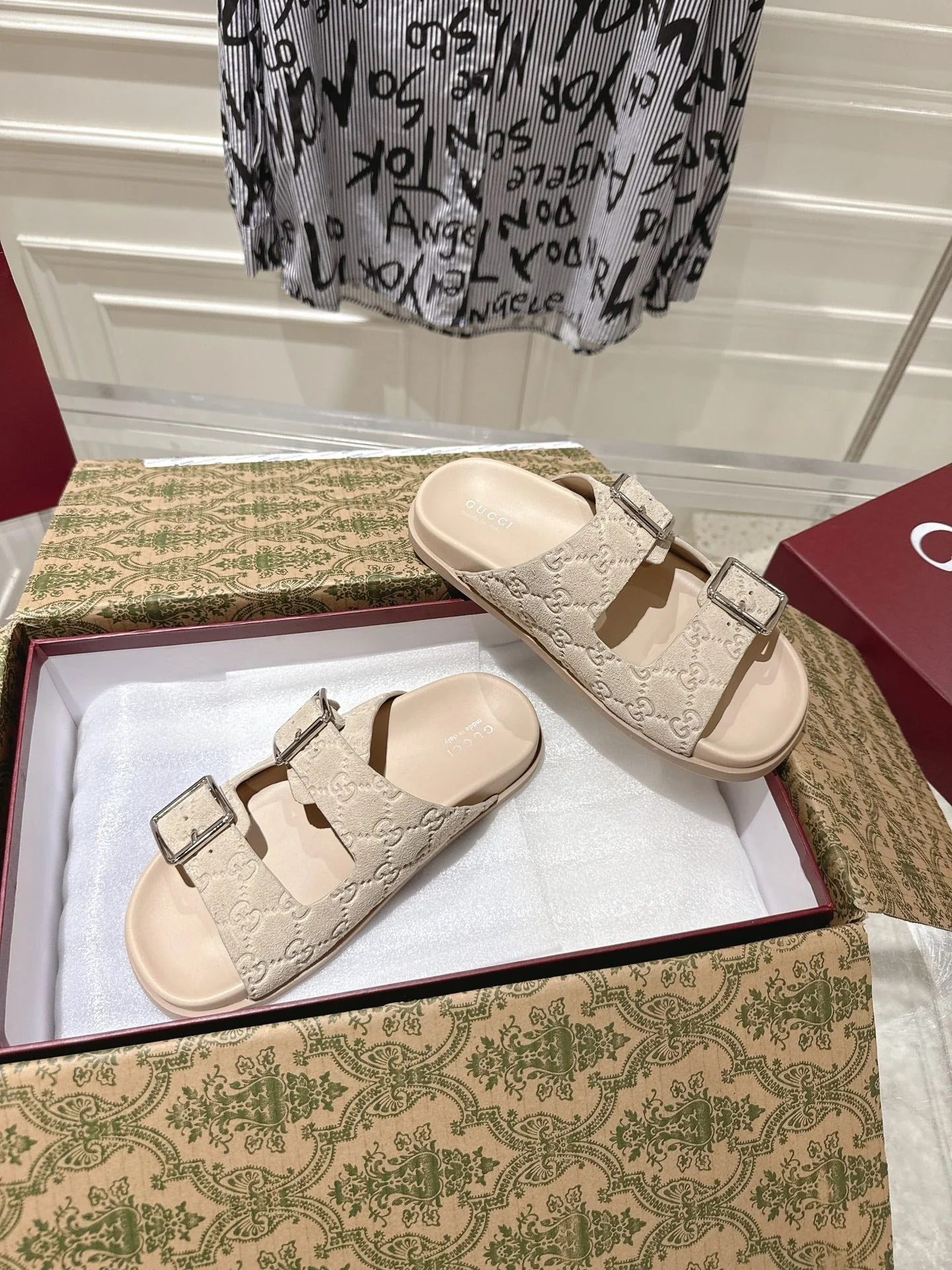 SANDALS IN NUDE BEIGE SUEDE EMBOSSED LOGO SILVER HARDWARE