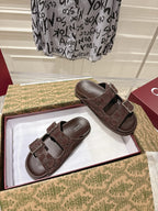 SANDALS IN NAVY BROWN SUEDE EMBOSSED LOGO SILVER HARDWARE