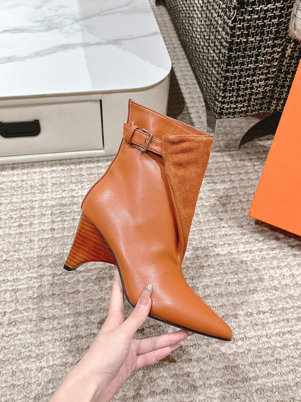 HM HILONA 6 CM ANKLE BOOTS IN BRONZE BROWN CALFSKIN AND SUEDE