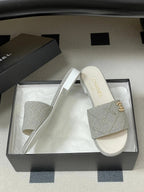 CC 26s Flat Sandals White Gray Canvas Sheepskin Double C 649507