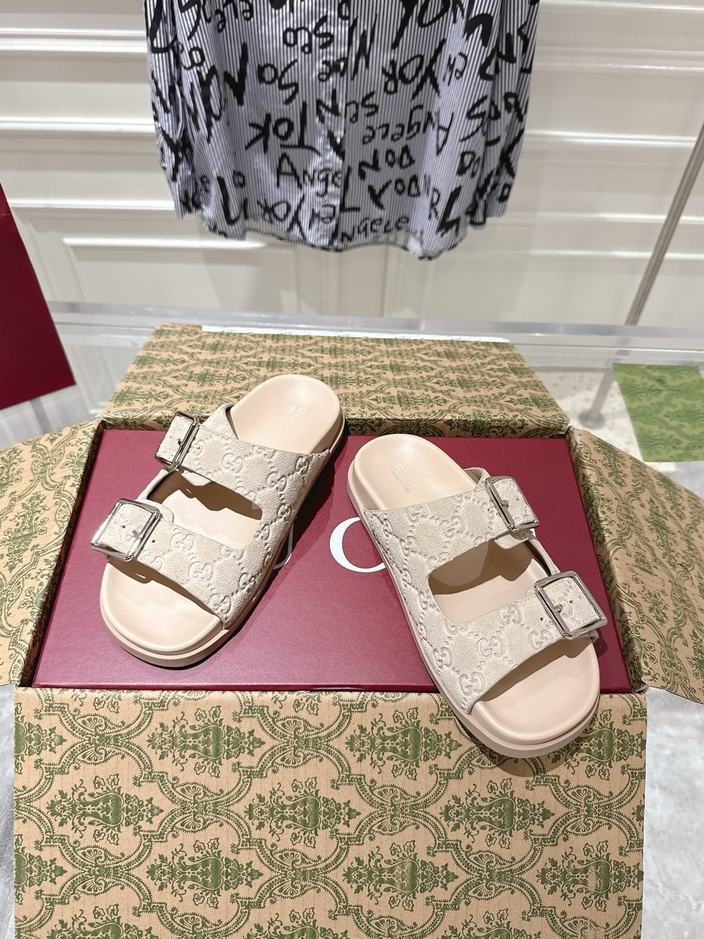 SANDALS IN NUDE BEIGE SUEDE EMBOSSED LOGO SILVER HARDWARE