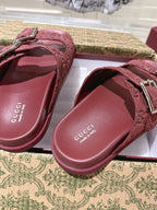 SANDALS IN NAVY RED SUEDE EMBOSSED LOGO SILVER HARDWARE