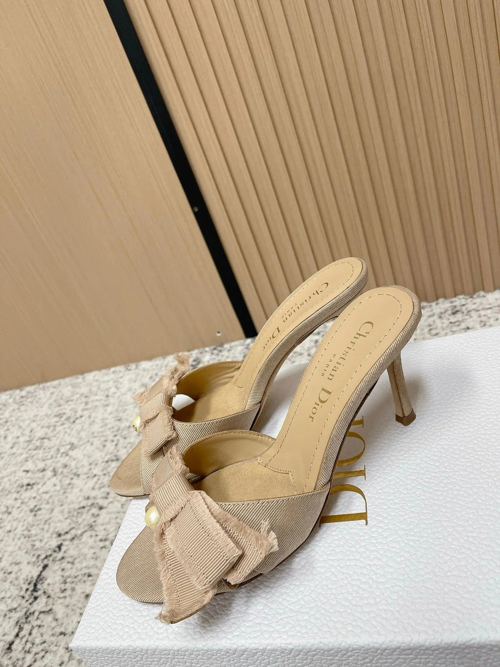 CD 26s High Heel Slippers 75 Beige Canvas Leather 643491