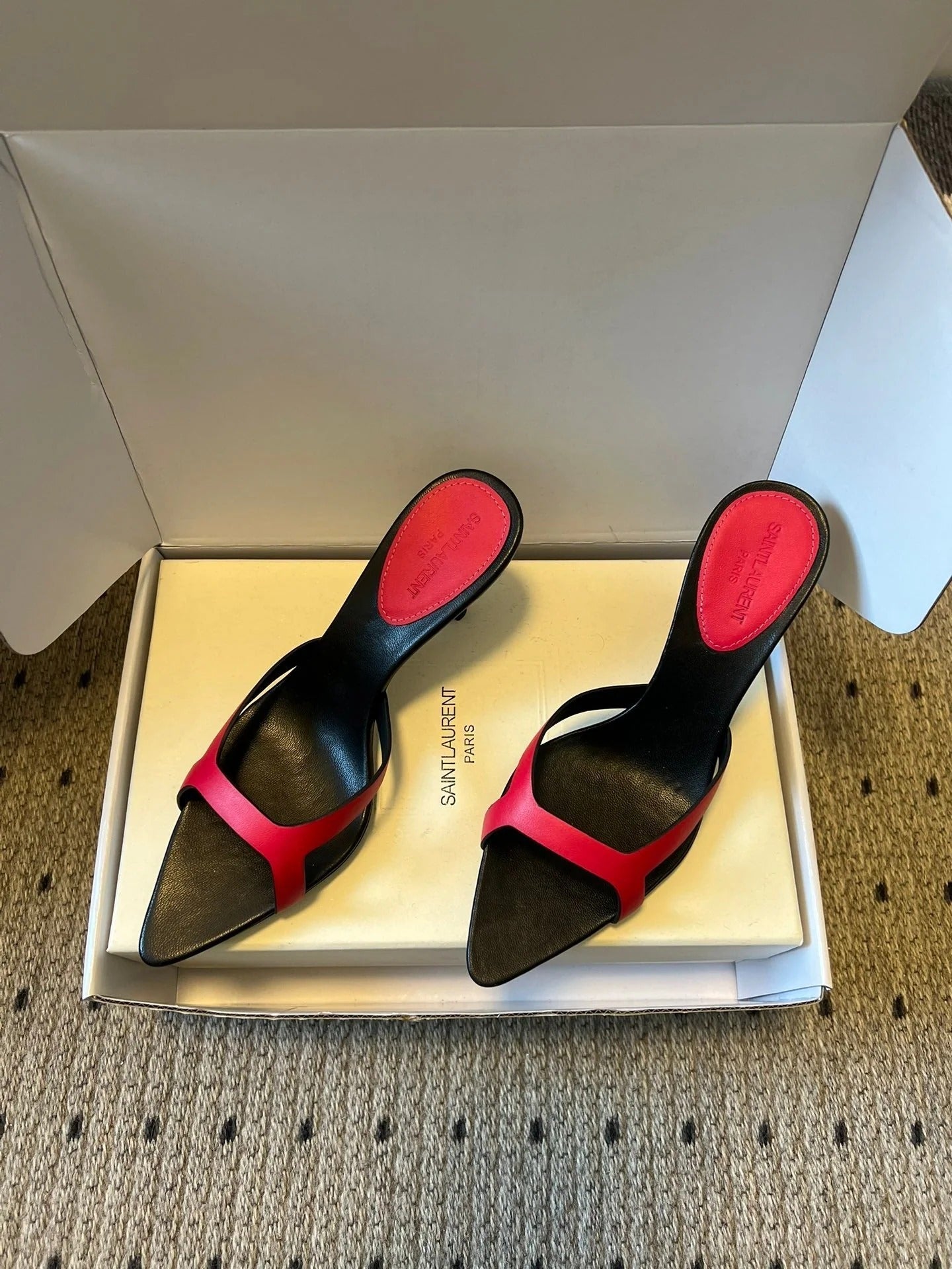 YSL 26ss High Heeled Mules 75 Black Dark Pink Cowhide 651768