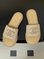 CC 26s Flat Slippers Beige Gold Fabric Sheepskin 649484