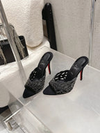 CL 26SS High-Heeled Slippers 100 Black Suede Sheepskin 636694