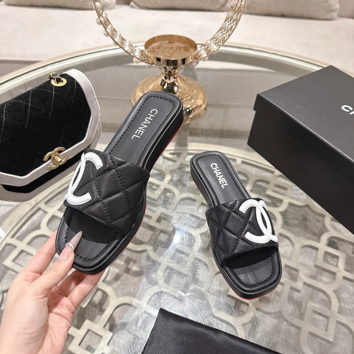 CC 26s Platform Slippers Black White Sheepskin 627072