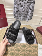 SANDALS IN BLACK SUEDE EMBOSSED LOGO SILVER HARDWARE