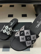 CC 26s Flat Sandals Black Sheepskin Rhinestones 649522