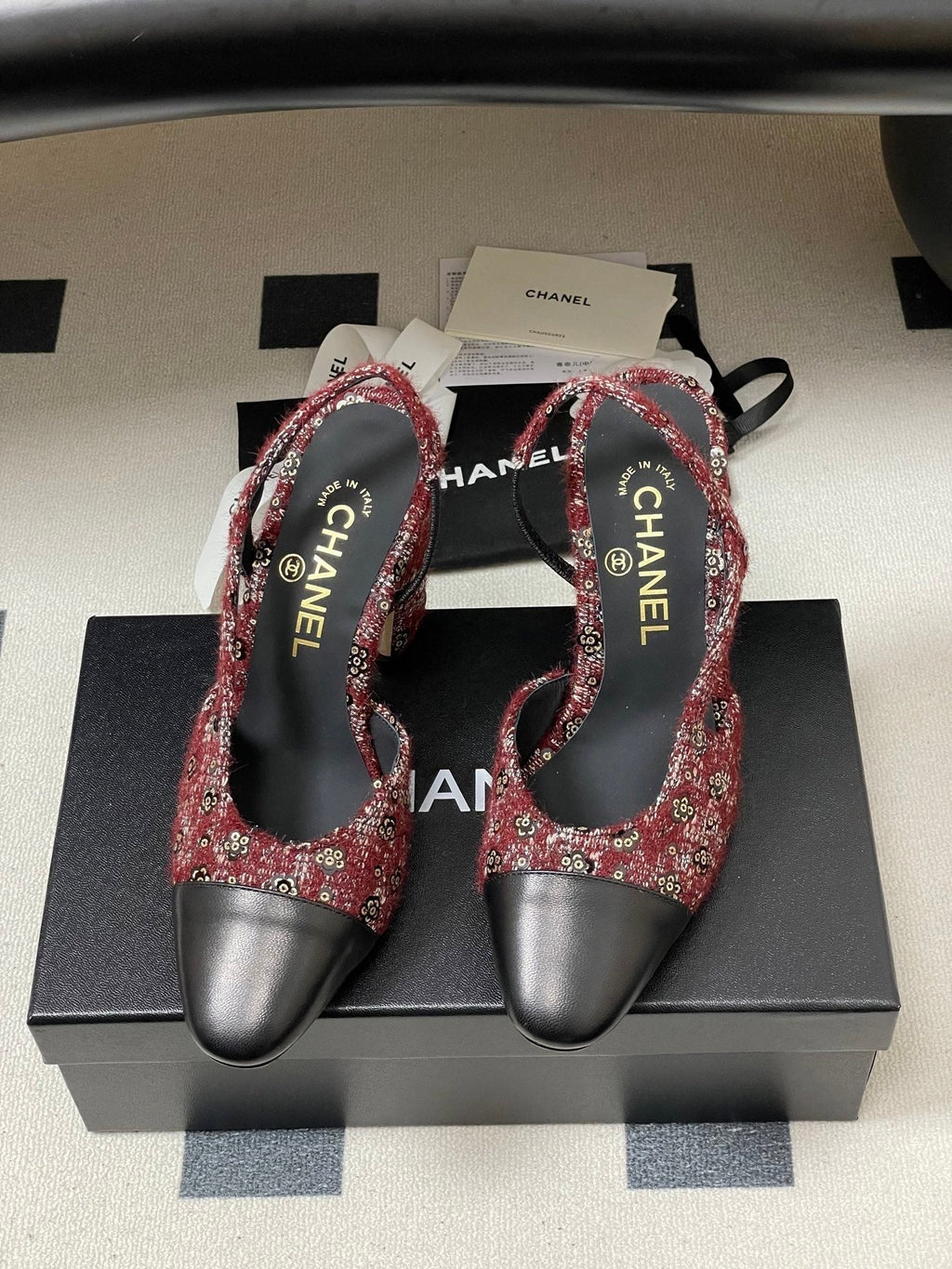 CC 26s Slingback 95 Dark Red Black Tweed Sheepskin 649422