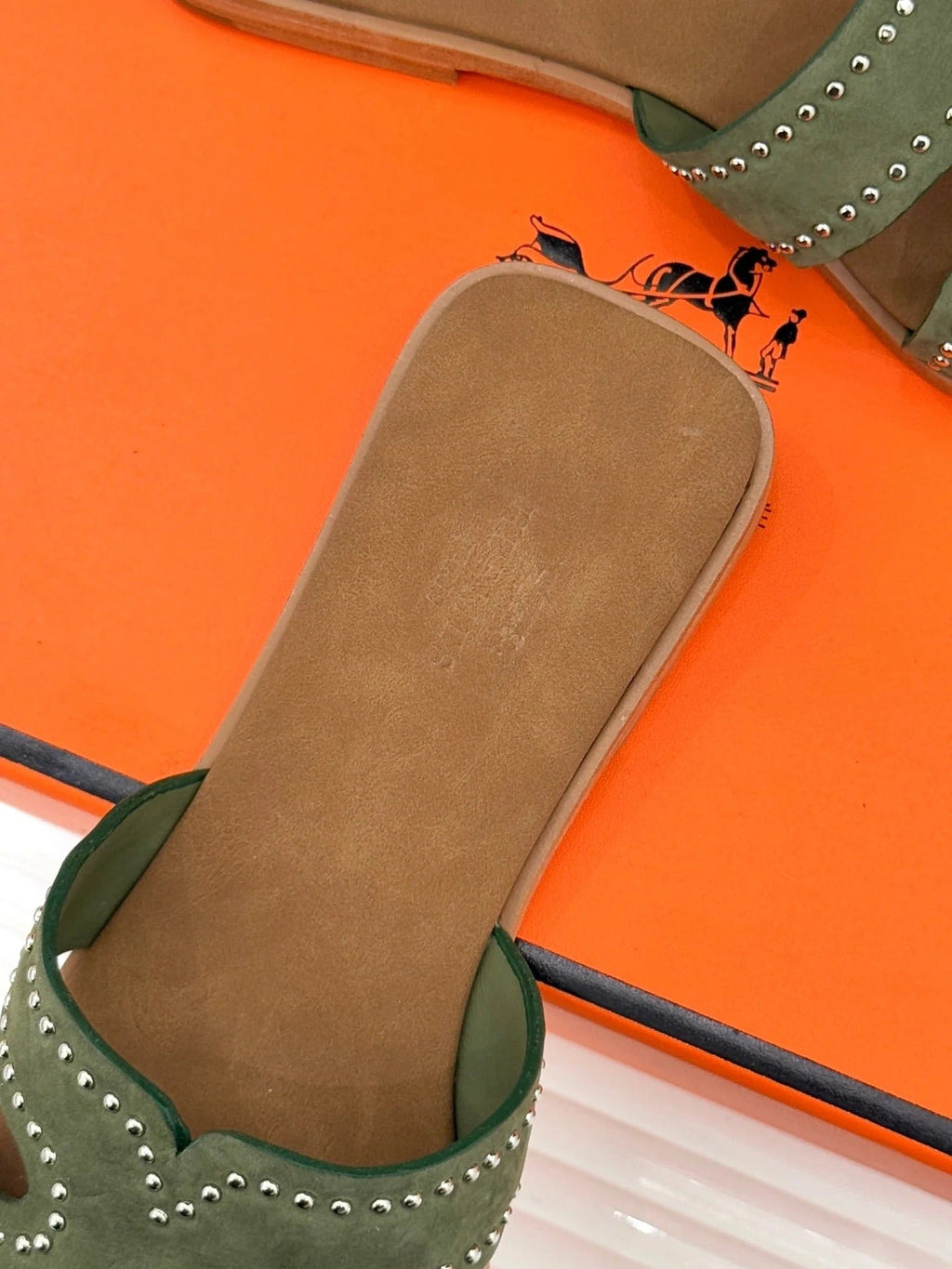 HM 26ss Flat Slippers Brown Green Suede 642829