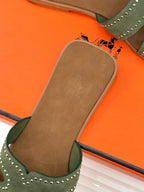 HM 26ss Flat Slippers Brown Green Suede 642829