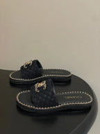 CC 26s Flat Slippers Black Gold Fabric Sheepskin 649487