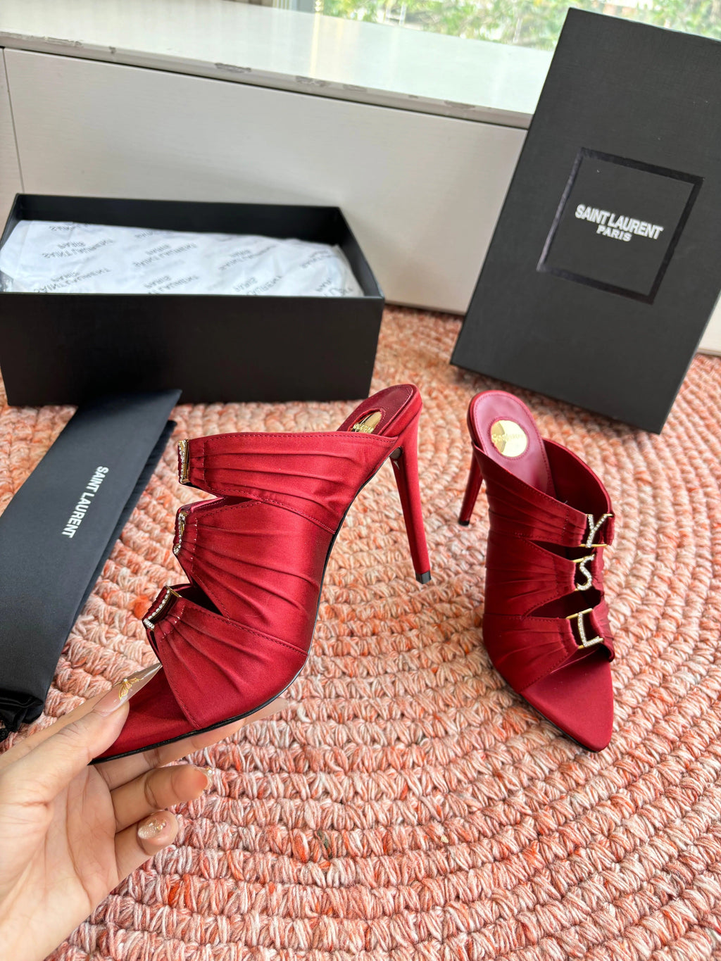 YSL 26ss Pointed High Heels Sandals 110 Dark Red Silk Leather 648787