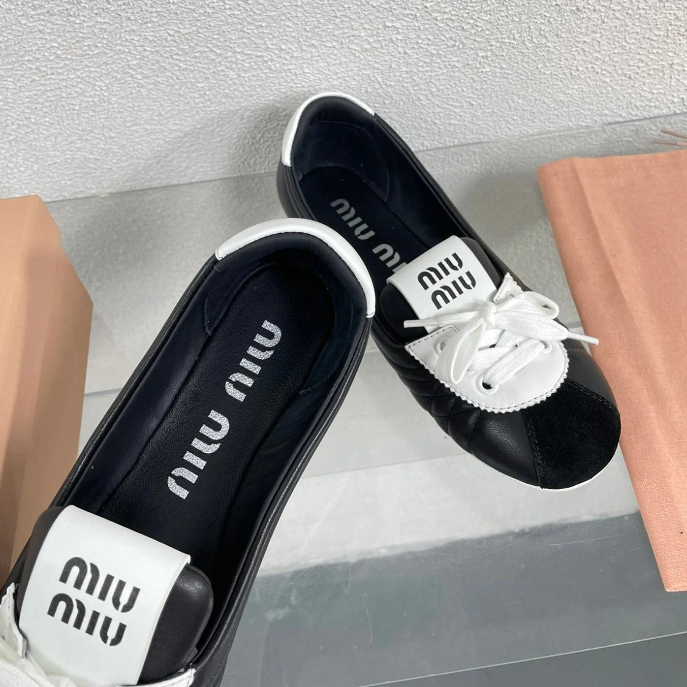 Black Leather Ballet Flats With White