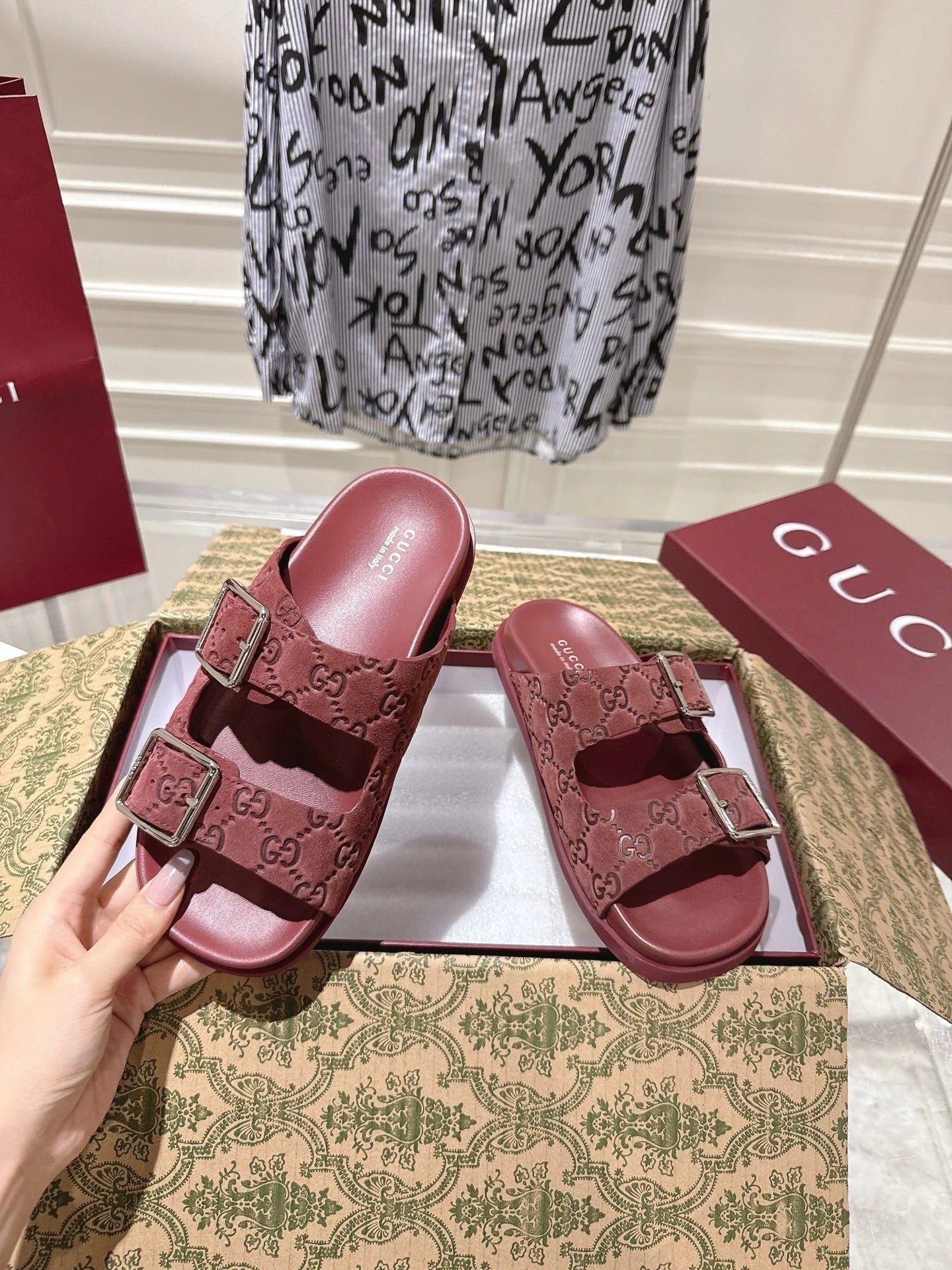 SANDALS IN NAVY RED SUEDE EMBOSSED LOGO SILVER HARDWARE