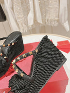 Rockstud Wedge Sandal In Calfskin Leather Black 10cm