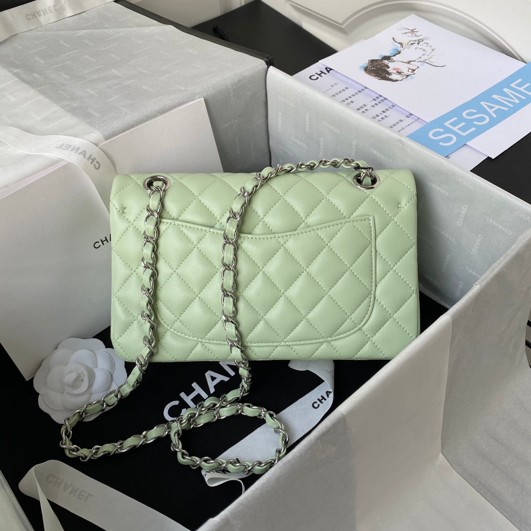 Medium Classic Flap Bag 23cm Light Green Lambskin Silver Hardware