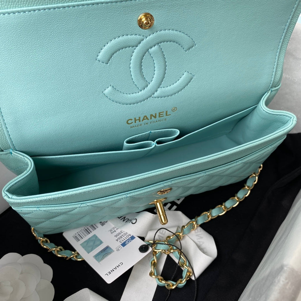Medium Classic Flap Bag 23cm Blue Sky Caviar Gold Hardware
