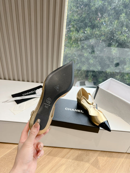 CC 25s Camellia T Strap Slingback 50mm Black Gold Calfskin&Sheepskin 413325