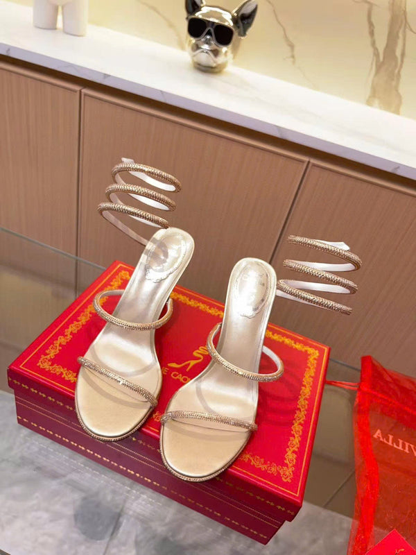 RC Cleo 95 mm Crystal-Embellished Sandals Gold Satin Leather