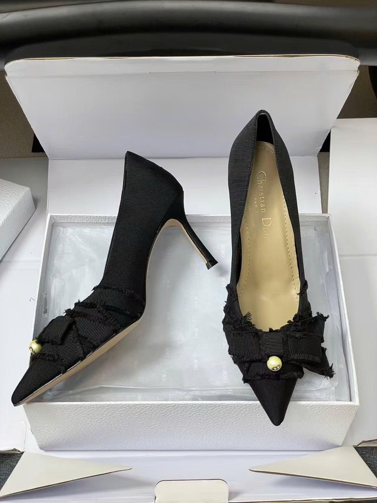CD Adiorable Pearl Fringe 10cm Pumps in Black Silk Grosgrain