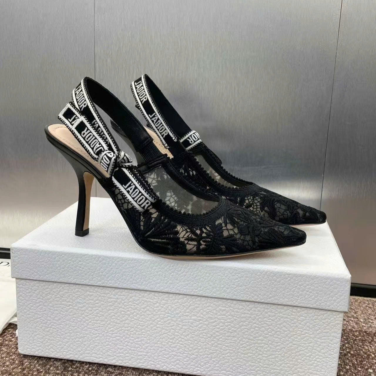 CD J'Adior Slingback Pumps 95mm Black Embroidered Mesh
