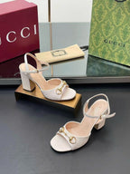 GG Horsebit High Heel Sandals Embossed Logo in White Cowhide